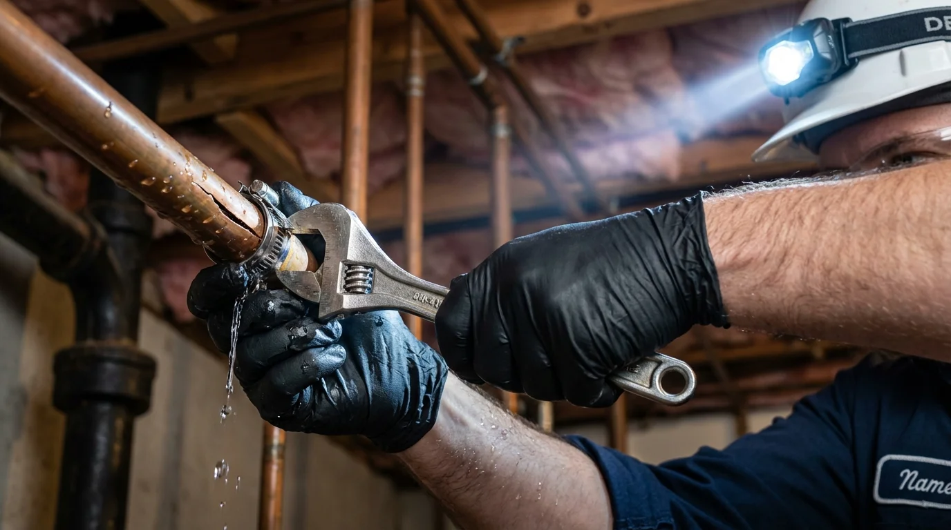 Emergency pipe clamp repair being performed by a Johns Plumbing LLC plumber in Clio